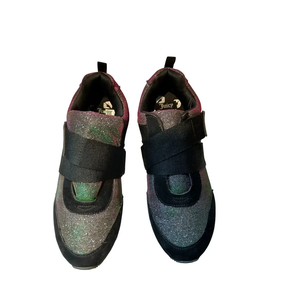 Juicy Couture Women's Glitter Sneakers Rainbow Sparkle Black Velcro Shoes 10 - Picture 2 of 8